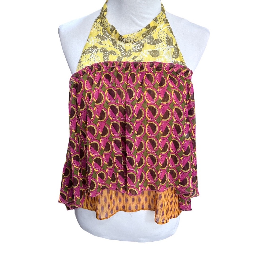 Zara Leaves and Geometric Shapes Halter Top Pink Yellow Green Orange Size Large